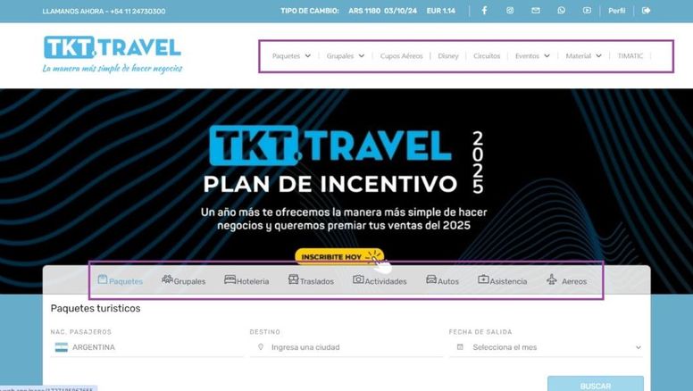 La web de TKT.Travel cuenta con múltiples motores de búsqueda para el agente de viajes.&nbsp;