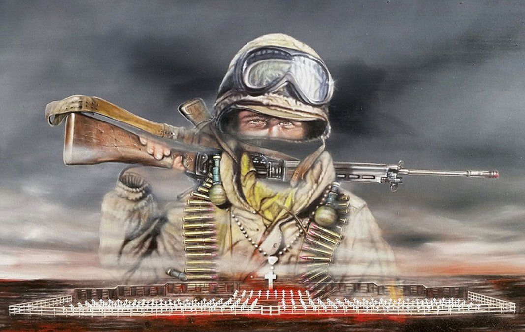 Una de las obras del artista plástico Javier de Aubeyzon, de la muestra sobre Malvinas que AA2000 montó en Aeroparque.