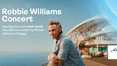Robbie Williams interpretará algunos de sus grandes éxitos en un exclusivo concierto al aire libre ante 15.000 invitados en el puerto de Málaga, donde se celebrará el bautizo del Mein Schiff Relax.