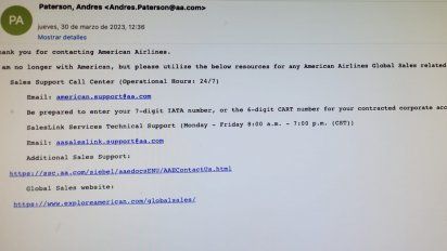 Los e-mail corporativos del personal de Ventas de American Airlines, en su mayoría, ya están dados de baja e invitan, con un mensaje automático a conectarse con casa matriz.